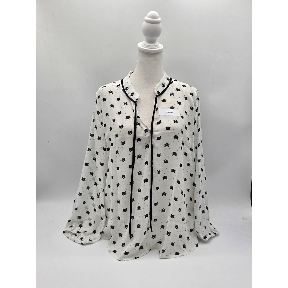 S.R. by Sweet Rain Cat Print Blouse Women's Large White Black 100% Polyester